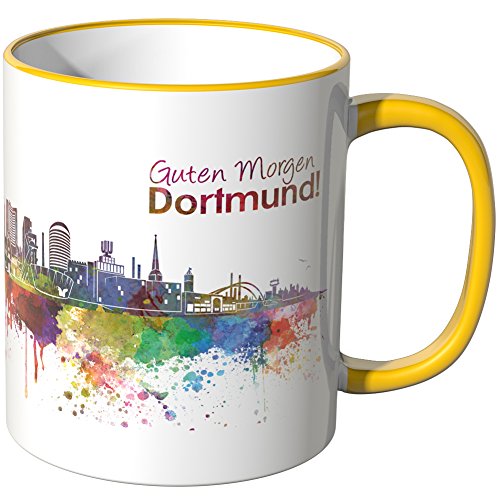 WANDKINGS® Tasse, Schriftzug Guten Morgen Dortmund! mit Skyline - GELB von WANDKINGS