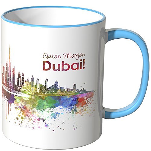 WANDKINGS® Tasse, Schriftzug Guten Morgen Dubai! mit Skyline - BLAU von WANDKINGS