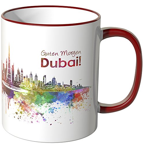 WANDKINGS® Tasse, Schriftzug Guten Morgen Dubai! mit Skyline - ROT von WANDKINGS