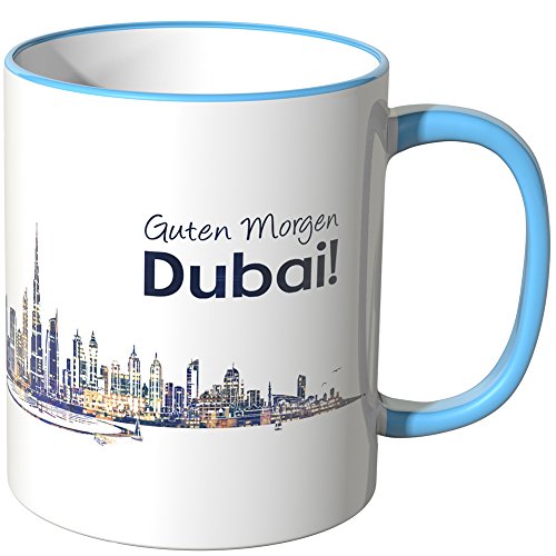 WANDKINGS® Tasse, Schriftzug Guten Morgen Dubai! mit Skyline bei Nacht - BLAU von WANDKINGS