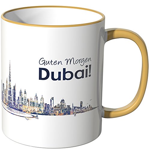 WANDKINGS® Tasse, Schriftzug Guten Morgen Dubai! mit Skyline bei Nacht - DUNKELGELB von WANDKINGS