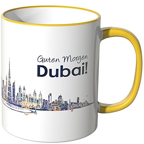 WANDKINGS® Tasse, Schriftzug Guten Morgen Dubai! mit Skyline bei Nacht - GELB von WANDKINGS