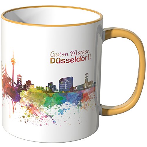 WANDKINGS® Tasse, Schriftzug Guten Morgen Düsseldorf! mit Skyline - DUNKELGELB von WANDKINGS