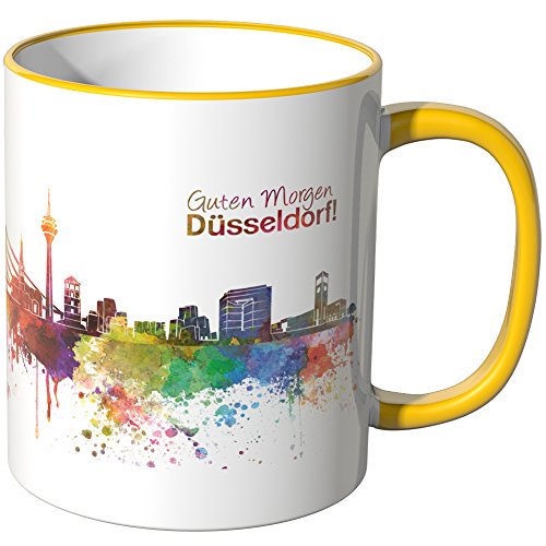 WANDKINGS® Tasse, Schriftzug Guten Morgen Düsseldorf! mit Skyline - GELB von WANDKINGS