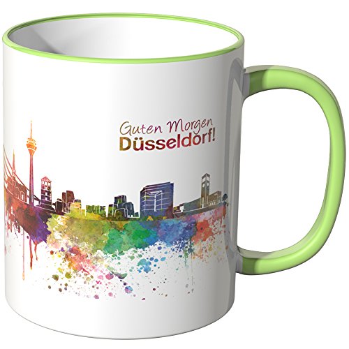 WANDKINGS® Tasse, Schriftzug Guten Morgen Düsseldorf! mit Skyline - HELLGRÜN von WANDKINGS