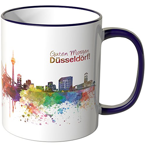 WANDKINGS® Tasse, Schriftzug Guten Morgen Düsseldorf! mit Skyline - LILA von WANDKINGS