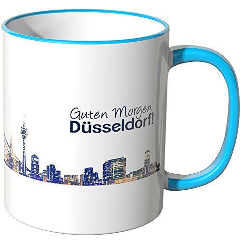 WANDKINGS® Tasse, Schriftzug Guten Morgen Düsseldorf! mit Skyline bei Nacht - BLAU von WANDKINGS