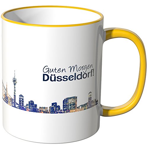 WANDKINGS® Tasse, Schriftzug Guten Morgen Düsseldorf! mit Skyline bei Nacht - GELB von WANDKINGS