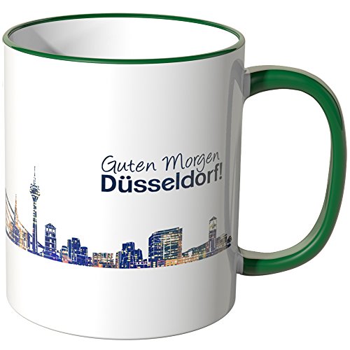 WANDKINGS® Tasse, Schriftzug Guten Morgen Düsseldorf! mit Skyline bei Nacht - GRÜN von WANDKINGS