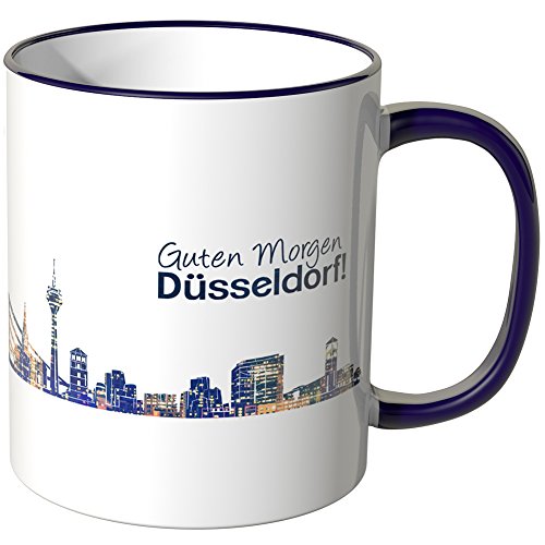 WANDKINGS® Tasse, Schriftzug Guten Morgen Düsseldorf! mit Skyline bei Nacht - LILA von WANDKINGS