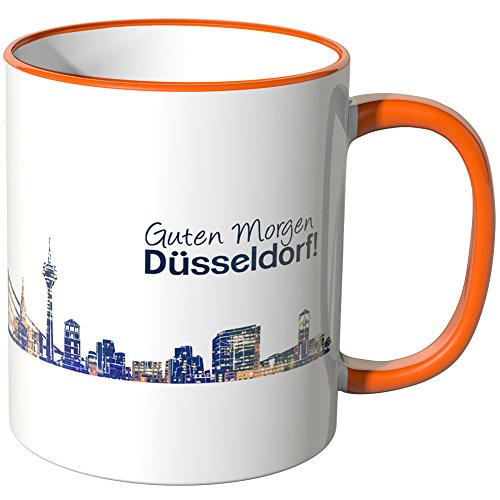 WANDKINGS® Tasse, Schriftzug Guten Morgen Düsseldorf! mit Skyline bei Nacht - ORANGE von WANDKINGS
