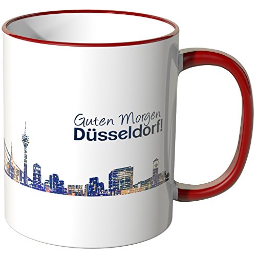 WANDKINGS® Tasse, Schriftzug Guten Morgen Düsseldorf! mit Skyline bei Nacht - ROT von WANDKINGS