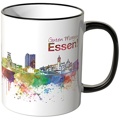 WANDKINGS® Tasse, Schriftzug Guten Morgen Essen! mit Skyline - SCHWARZ von WANDKINGS