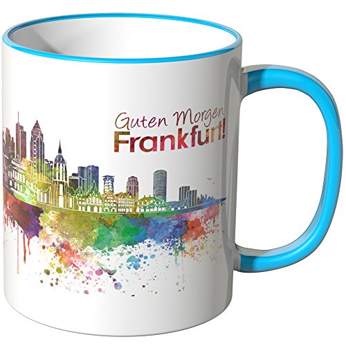 WANDKINGS® Tasse, Schriftzug Guten Morgen Frankfurt! mit Skyline - BLAU von WANDKINGS