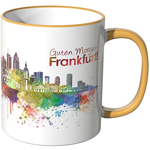 WANDKINGS® Tasse, Schriftzug Guten Morgen Frankfurt! mit Skyline - DUNKELGELB von WANDKINGS