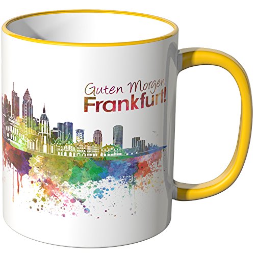 WANDKINGS® Tasse, Schriftzug Guten Morgen Frankfurt! mit Skyline - GELB von WANDKINGS