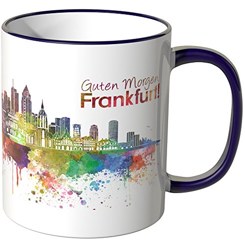WANDKINGS® Tasse, Schriftzug Guten Morgen Frankfurt! mit Skyline - LILA von WANDKINGS
