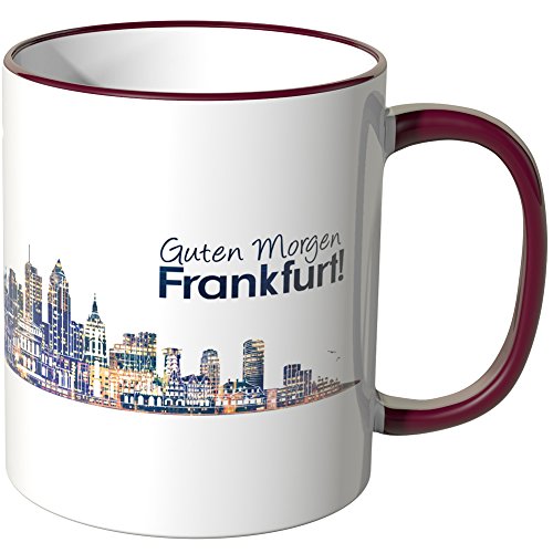 WANDKINGS® Tasse, Schriftzug Guten Morgen Frankfurt! mit Skyline bei Nacht - Bordeaux von WANDKINGS