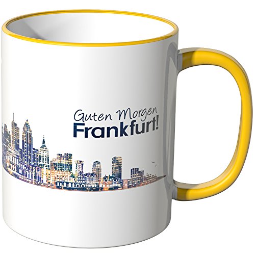 WANDKINGS® Tasse, Schriftzug Guten Morgen Frankfurt! mit Skyline bei Nacht - GELB von WANDKINGS