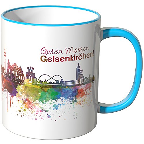 WANDKINGS® Tasse, Schriftzug Guten Morgen Gelsenkirchen! mit Skyline - BLAU von WANDKINGS