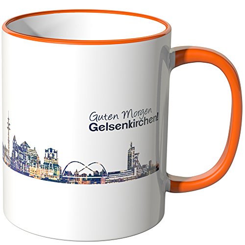 WANDKINGS® Tasse, Schriftzug Guten Morgen Gelsenkirchen! mit Skyline bei Nacht - ORANGE von WANDKINGS