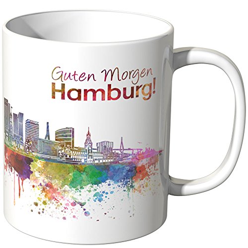 WANDKINGS® Tasse, Schriftzug Guten Morgen Hamburg! mit Skyline - Weiß von WANDKINGS