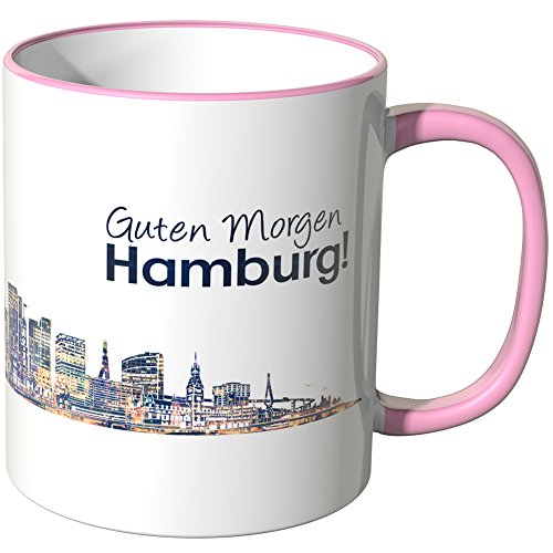WANDKINGS® Tasse, Schriftzug Guten Morgen Hamburg! mit Skyline bei Nacht - ROSA von WANDKINGS