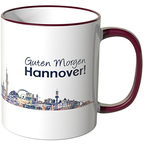 WANDKINGS® Tasse, Schriftzug Guten Morgen Hannover! mit Skyline bei Nacht - Bordeaux von WANDKINGS