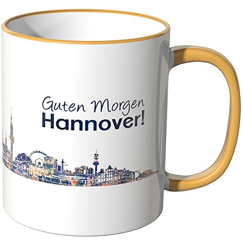 WANDKINGS® Tasse, Schriftzug Guten Morgen Hannover! mit Skyline bei Nacht - DUNKELGELB von WANDKINGS