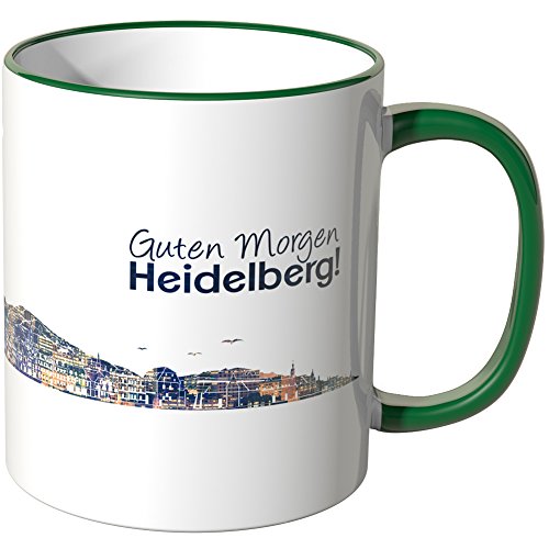 WANDKINGS® Tasse, Schriftzug Guten Morgen Heidelberg! mit Skyline bei Nacht - GRÜN von WANDKINGS