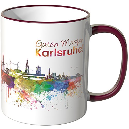 WANDKINGS® Tasse, Schriftzug Guten Morgen Karlsruhe! mit Skyline - Bordeaux von WANDKINGS