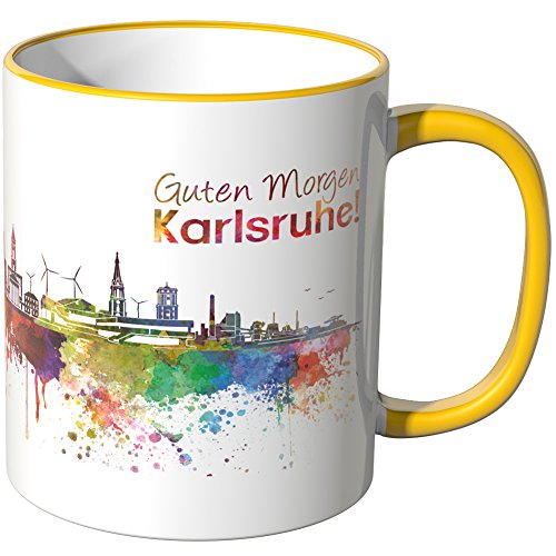 WANDKINGS® Tasse, Schriftzug Guten Morgen Karlsruhe! mit Skyline - GELB von WANDKINGS