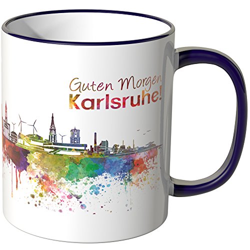 WANDKINGS® Tasse, Schriftzug Guten Morgen Karlsruhe! mit Skyline - LILA von WANDKINGS