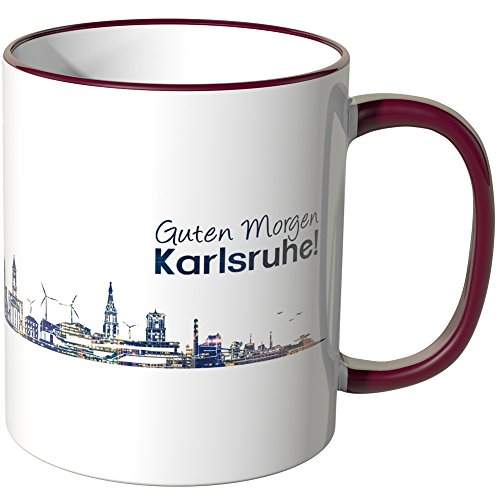 WANDKINGS® Tasse, Schriftzug Guten Morgen Karlsruhe! mit Skyline bei Nacht - Bordeaux von WANDKINGS