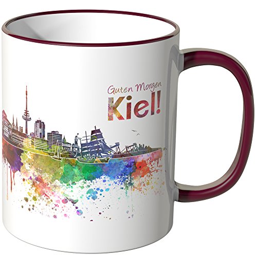 WANDKINGS® Tasse, Schriftzug Guten Morgen Kiel! mit Skyline - Bordeaux von WANDKINGS