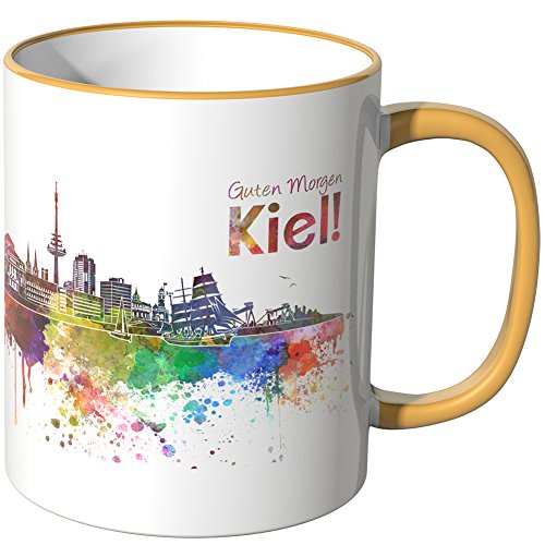 WANDKINGS® Tasse, Schriftzug Guten Morgen Kiel! mit Skyline - DUNKELGELB von WANDKINGS