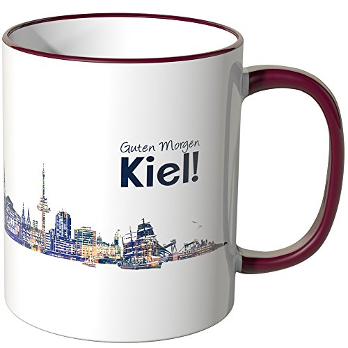 WANDKINGS® Tasse, Schriftzug Guten Morgen Kiel! mit Skyline bei Nacht - Bordeaux von WANDKINGS