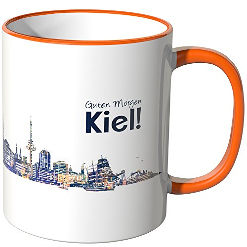 WANDKINGS® Tasse, Schriftzug Guten Morgen Kiel! mit Skyline bei Nacht - ORANGE von WANDKINGS