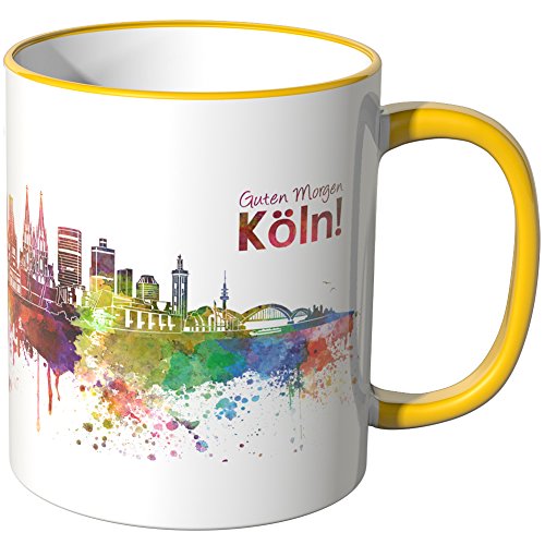 WANDKINGS® Tasse, Schriftzug Guten Morgen Köln! mit Skyline - GELB von WANDKINGS