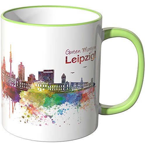 WANDKINGS® Tasse, Schriftzug Guten Morgen Leipzig! mit Skyline - HELLGRÜN von WANDKINGS