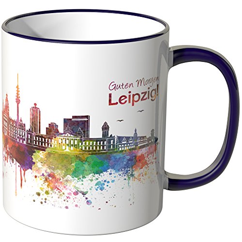 WANDKINGS® Tasse, Schriftzug Guten Morgen Leipzig! mit Skyline - LILA von WANDKINGS