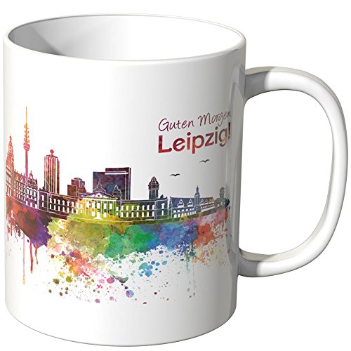 WANDKINGS® Tasse, Schriftzug Guten Morgen Leipzig! mit Skyline - Weiß von WANDKINGS