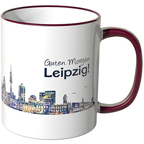 WANDKINGS® Tasse, Schriftzug Guten Morgen Leipzig! mit Skyline bei Nacht - BORDEAUX von WANDKINGS