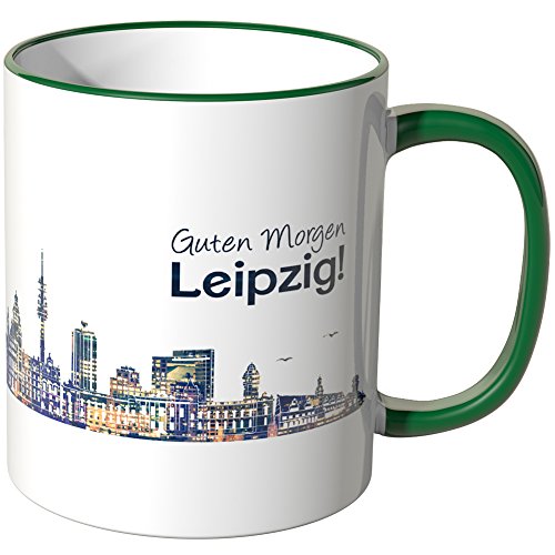 WANDKINGS® Tasse, Schriftzug Guten Morgen Leipzig! mit Skyline bei Nacht - GRÜN von WANDKINGS