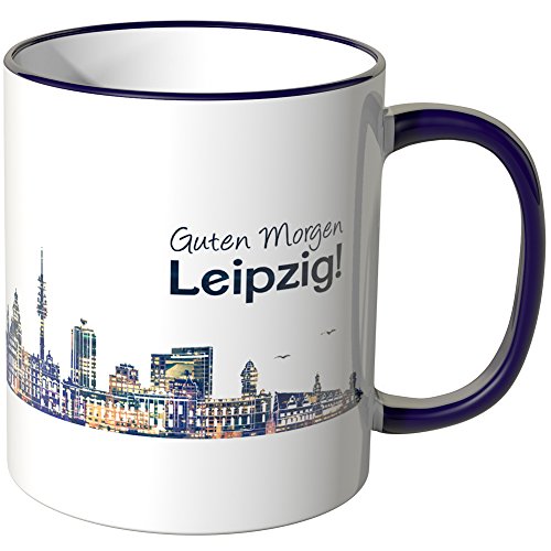 WANDKINGS® Tasse, Schriftzug Guten Morgen Leipzig! mit Skyline bei Nacht - LILA von WANDKINGS