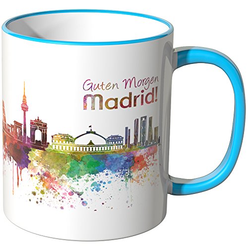 WANDKINGS® Tasse, Schriftzug Guten Morgen Madrid! mit Skyline - BLAU von WANDKINGS