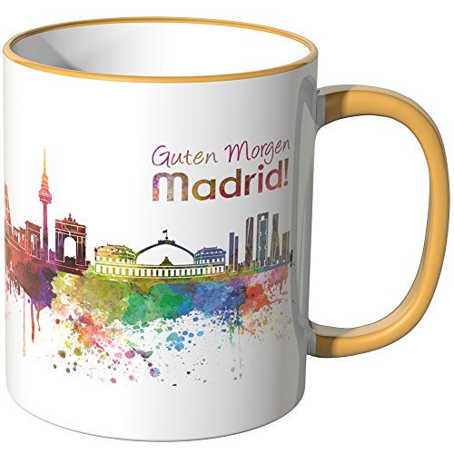 WANDKINGS® Tasse, Schriftzug Guten Morgen Madrid! mit Skyline - DUNKELGELB von WANDKINGS