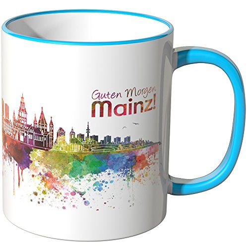 WANDKINGS® Tasse, Schriftzug Guten Morgen Mainz! mit Skyline - BLAU von WANDKINGS