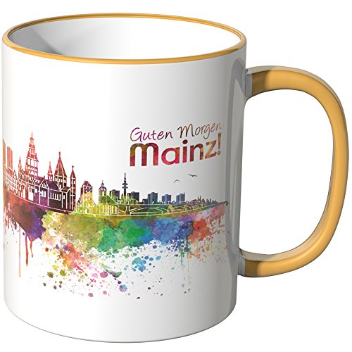 WANDKINGS® Tasse, Schriftzug Guten Morgen Mainz! mit Skyline - DUNKELGELB von WANDKINGS