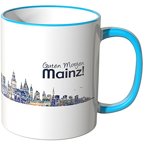 WANDKINGS® Tasse, Schriftzug Guten Morgen Mainz! mit Skyline bei Nacht - BLAU von WANDKINGS